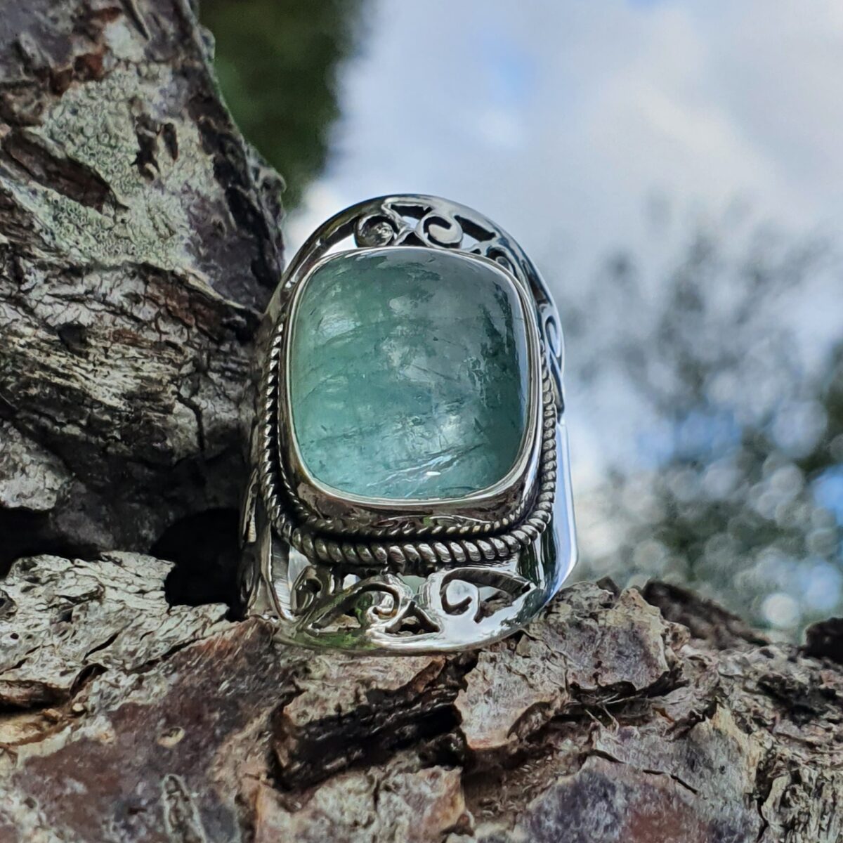 Bague En Aigue-marine Et Argent Massif 925 - Taille 54, Pierre Ovale 21x16x8 Mm, Fait Main