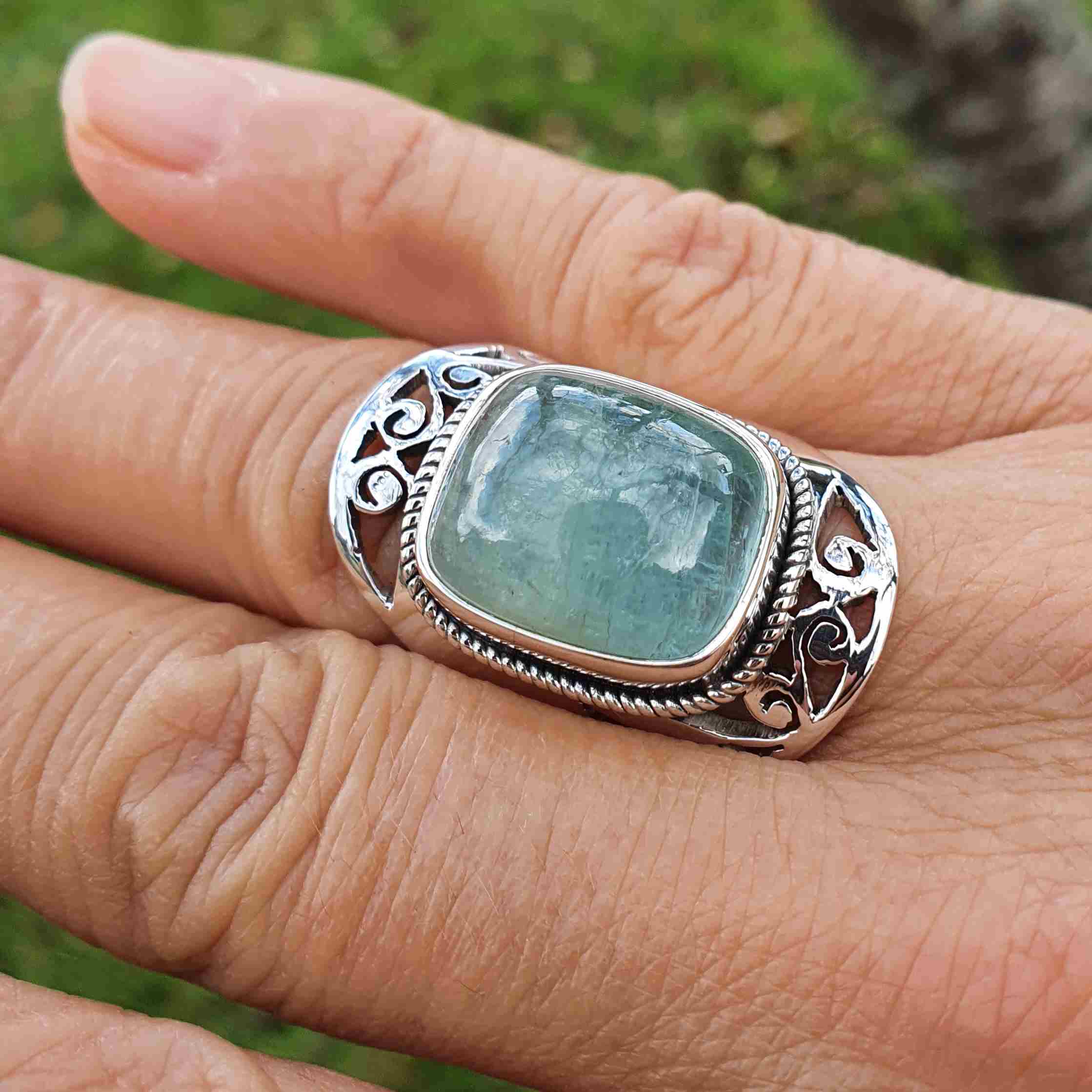 Bague En Aigue-marine Et Argent Massif 925 - Taille 54, Pierre Ovale 21x16x8 Mm, Fait Main