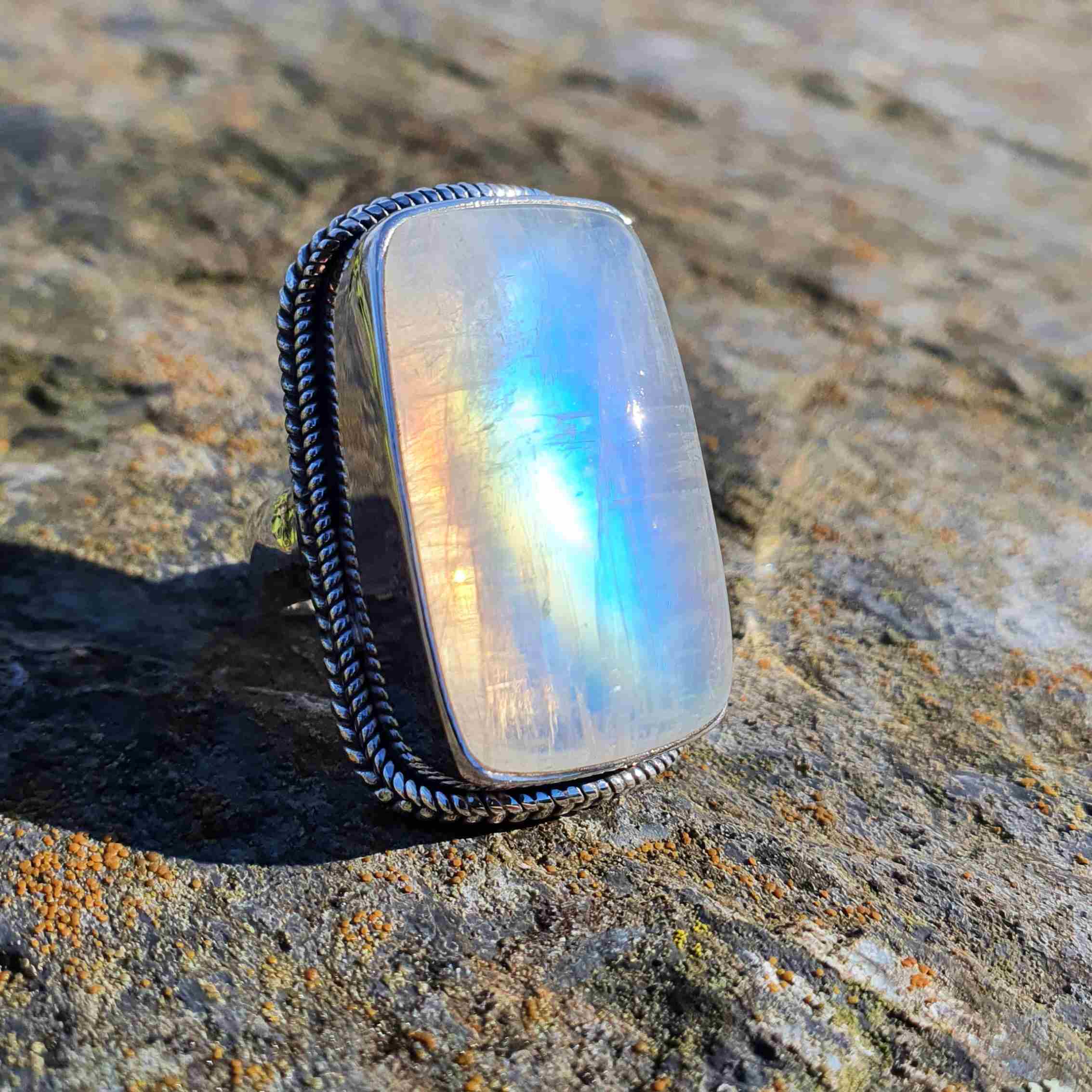 Bague En Argent 925 Avec Pierre De Lune Naturelle - Faite Main, Taille Sur Mesure - Style Cocktail
