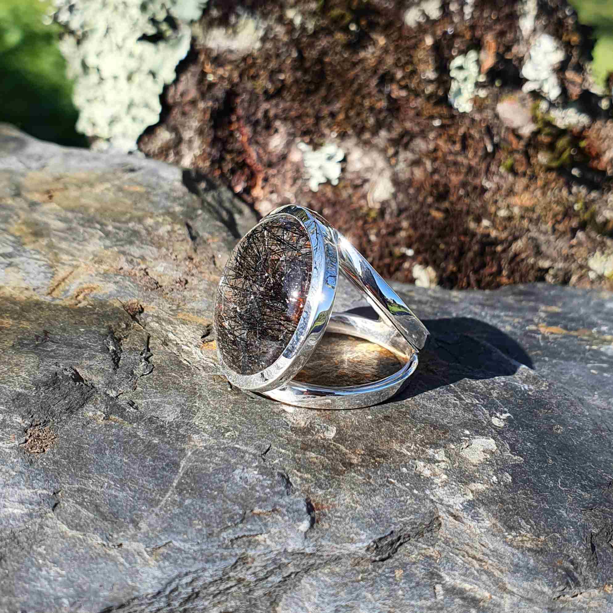 Bague En Argent 925 Avec Quartz Rutilé Et Tourmaline Noire - Taille 56 - Poids 5,83g - Neuf Avec Étiquettes