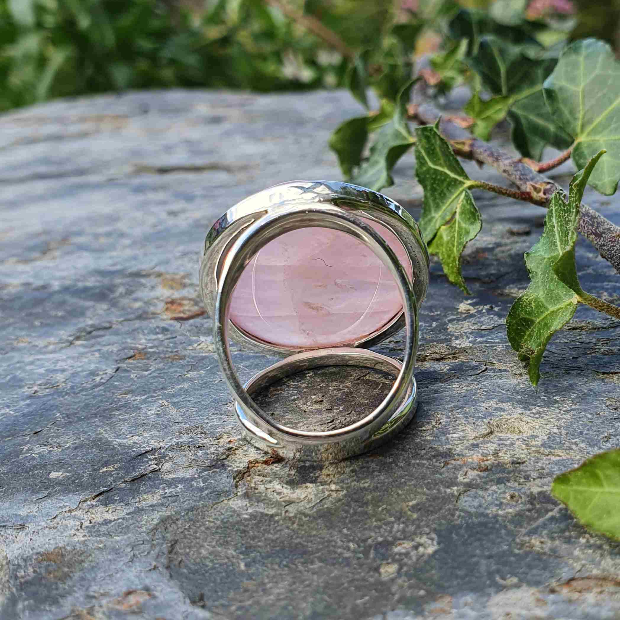 Bague En Argent 925 Avec Quartz Rose - Large Anneau Martelé, Tailles 54 à 60, Neuf Avec étiquettes