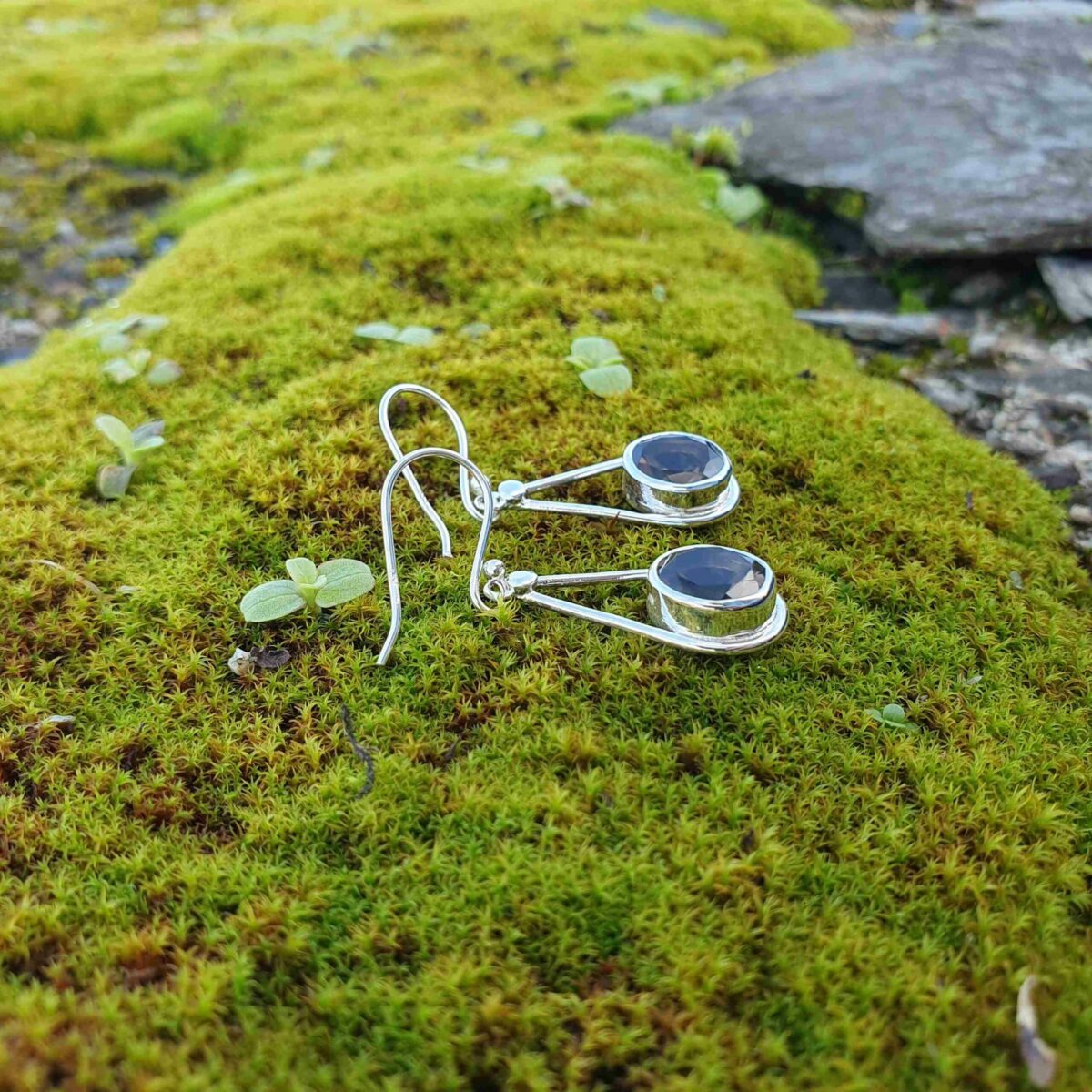 Boucles D'oreilles Pendantes En Quartz Fumé Et Argent 925 - Bijou Vintage, Très Bon état