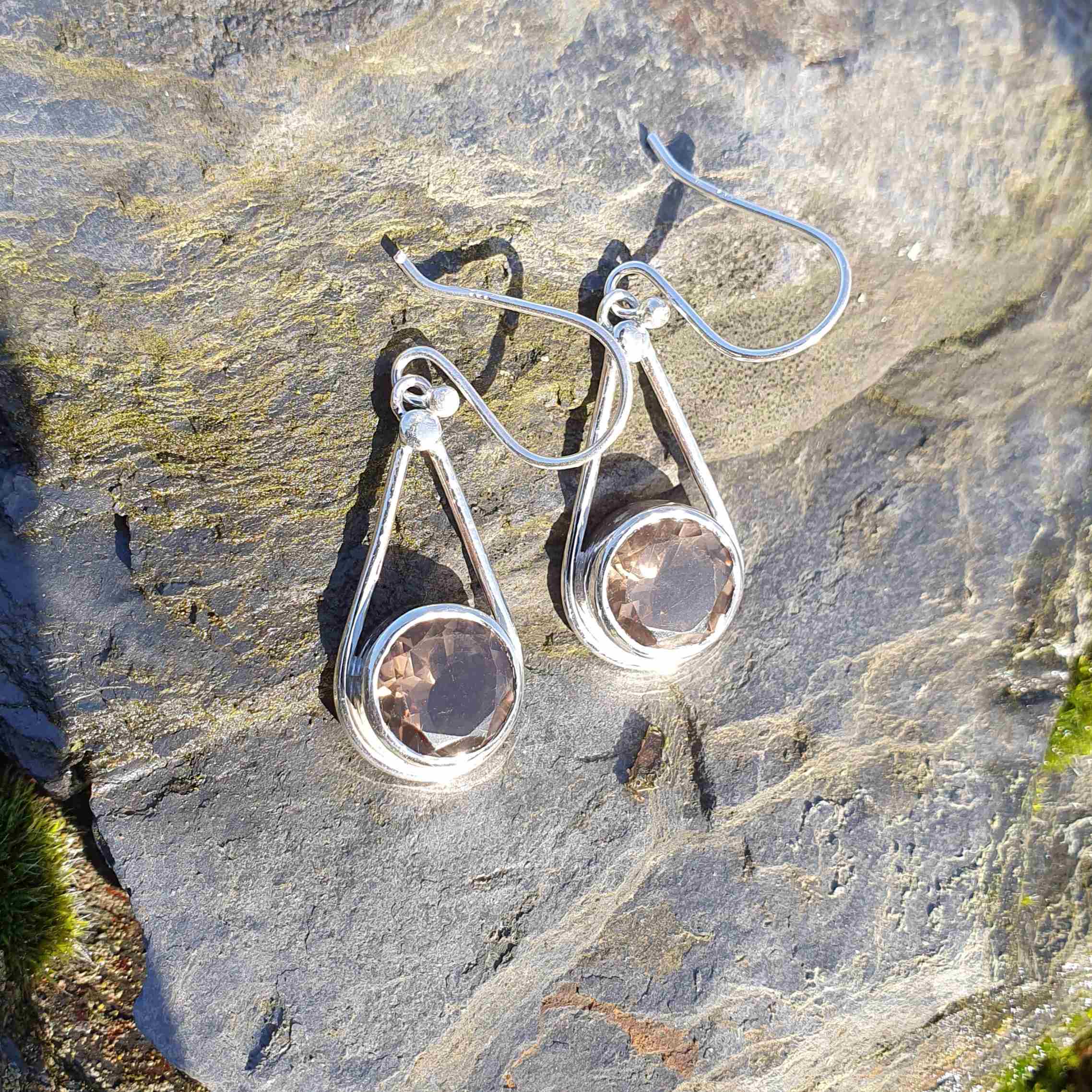 Boucles D'oreilles Pendantes En Quartz Fumé Et Argent 925 - Bijou Vintage, Très Bon état