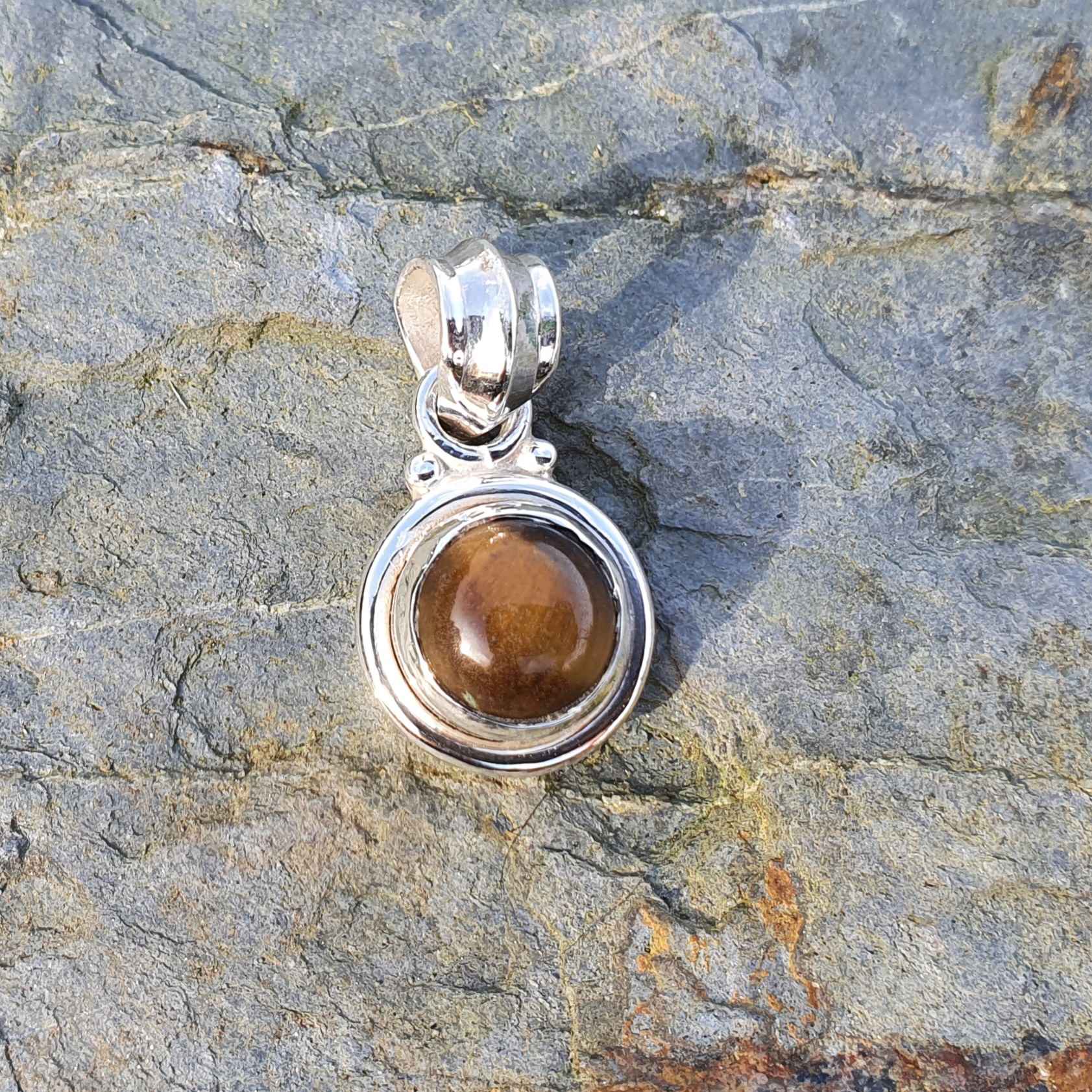 Collier Sautoir En Argent Massif Avec œil De Tigre - Occasion - Bijou Pierre Naturelle