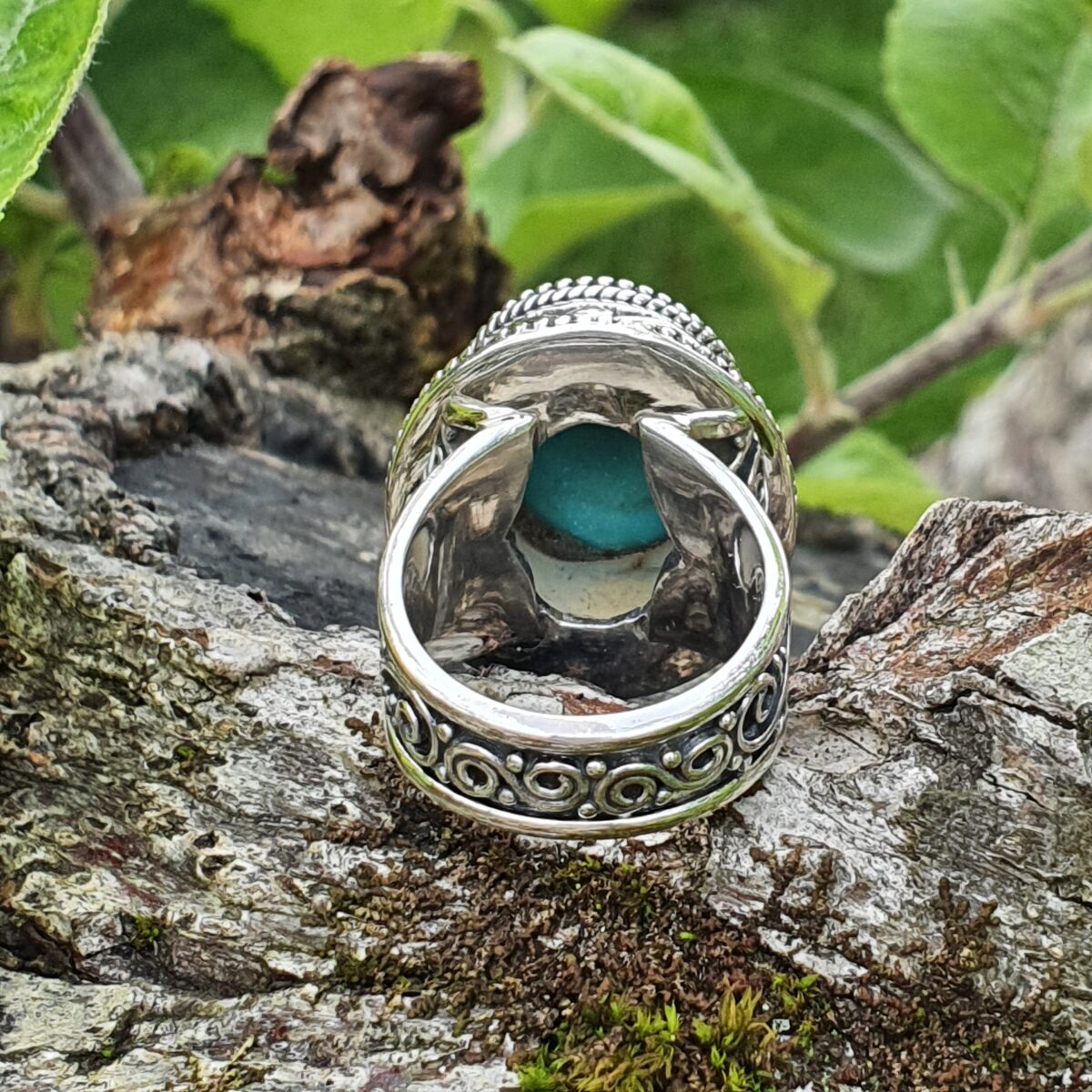 Bague Argent Massif Avec Cabochon Turquoise – Taille 50 – Vintage