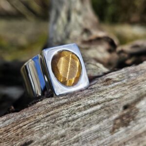 Bague Chevalière Homme Œil de Tigre - Énergie Protectrice - Argent Massif 925 en taille 68